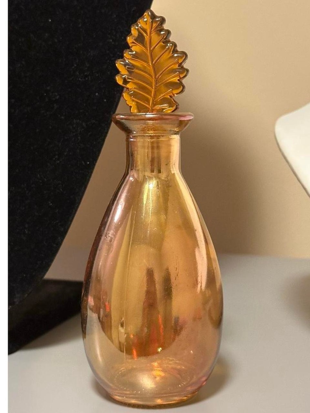 Autumn fall themed leaf glass bottle, potion bottle shaped.